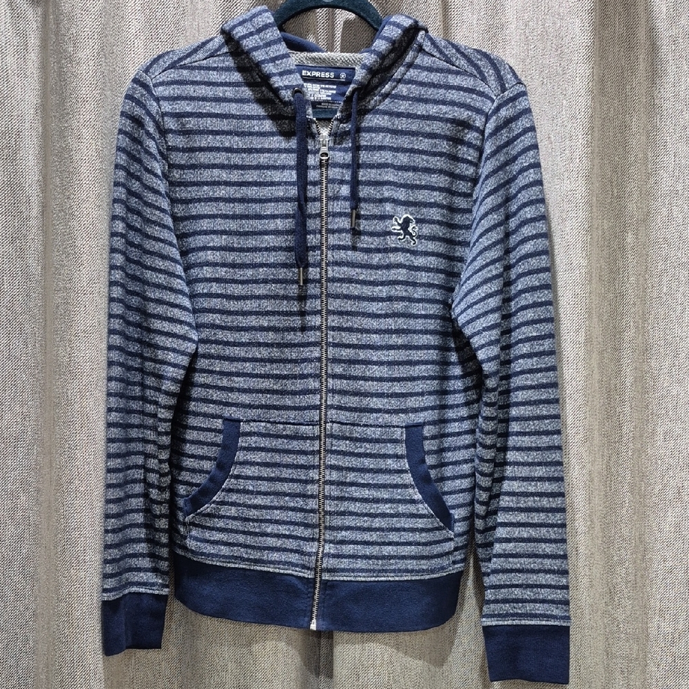 Express Men's Navy Blue Gray Striped Zipper Hooded Jacket Hoodie Size: S Small